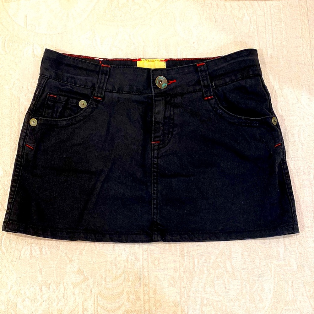 Marlow Distressed Black with Red Stitching Mini Jean Skirt. 12.5” length